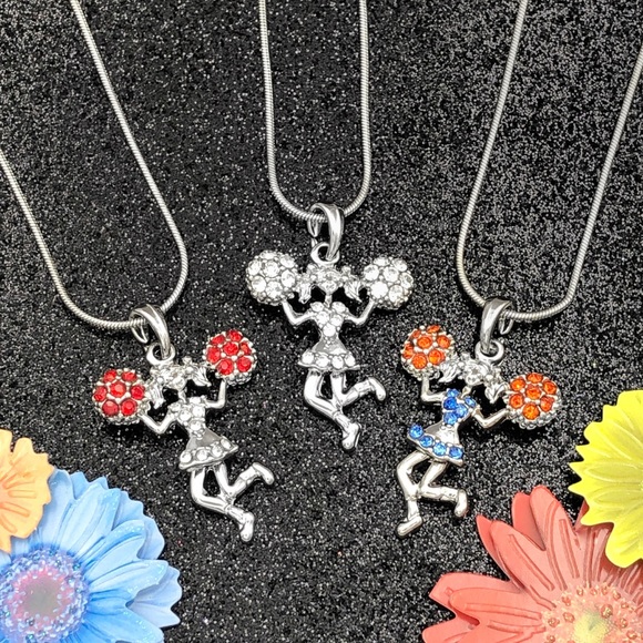 🌼 Cheerleader Rhinestone Silver Cheer Charm Necklace - Picture 1 of 3